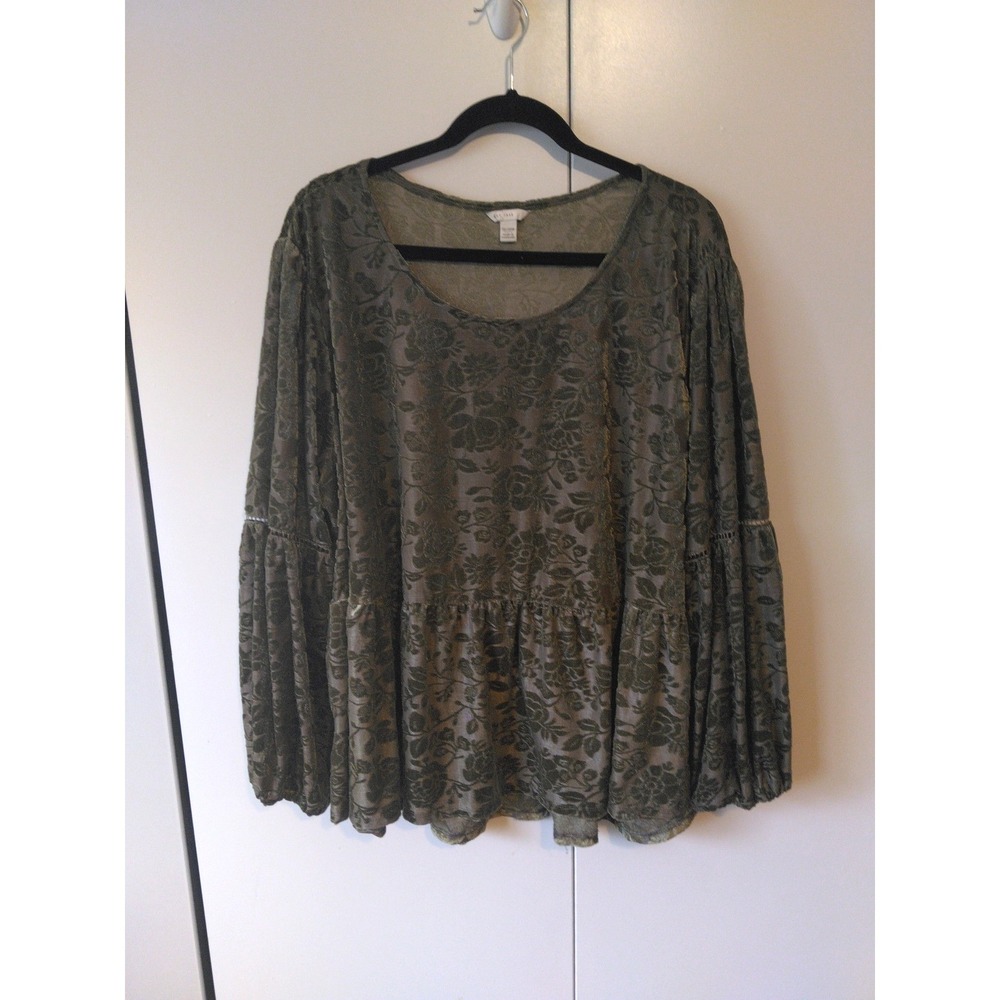 Womens Floral Velvet Burnout Tunic Top  Plus Size 26/28 Sage SemiSheer Feminine